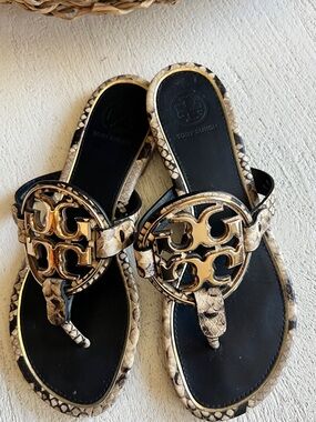 Tory Burch Black and Beige Snake-Print Miller Sandals with Gold Logo